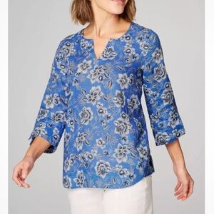J. Jill  Love Linen Floral Popover Top 3/4 Sleeves Blue Blouse Top Womens Size S